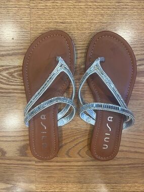 Unisa Tan Sandals with Silver Beaded Crossover Straps